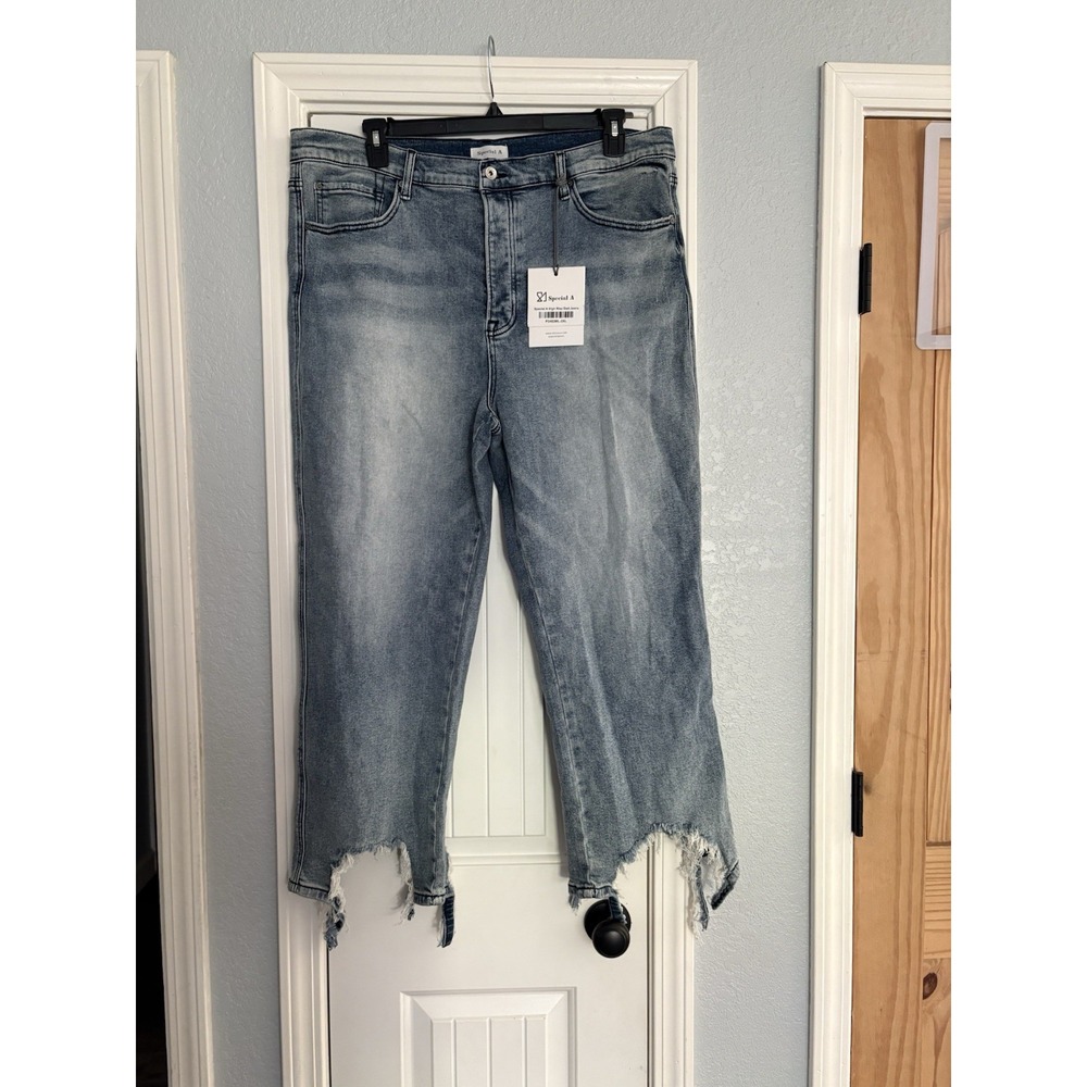 Special A High Rise Dad Jeans Women 3XL Blue Medium Light Frayed Raw Hem P3482ML
